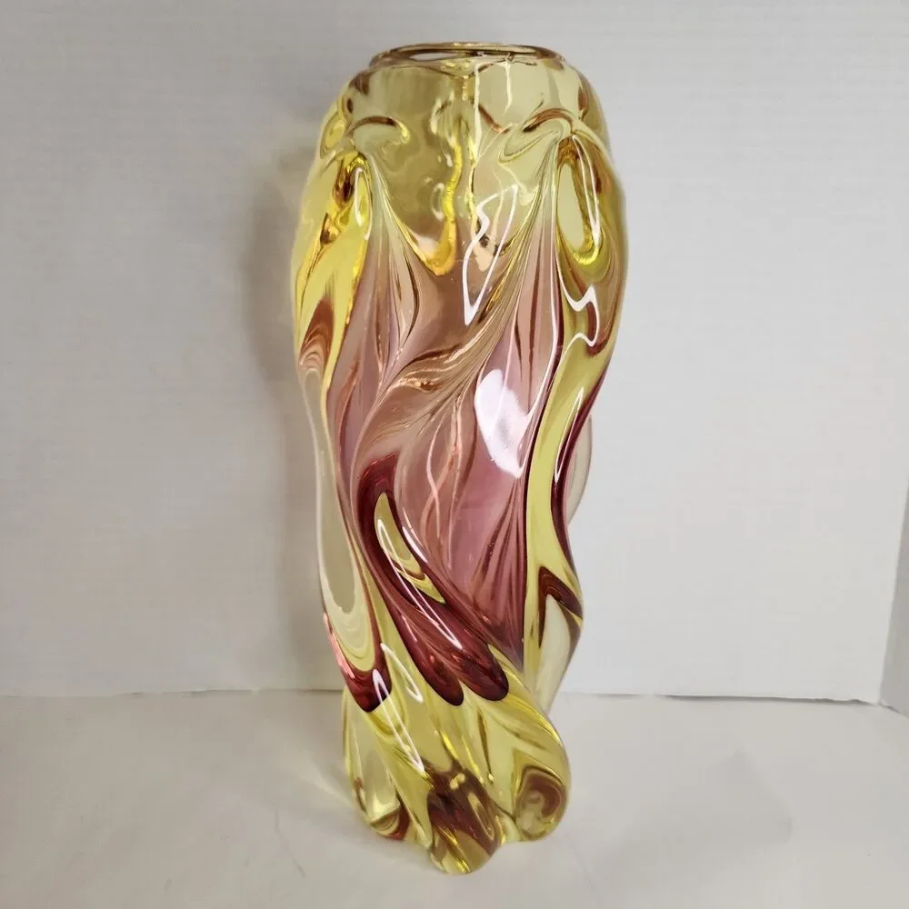Vintage Hand Made Bohemia Glass Czech Republic Twisted Glass Vase Amber/Pink